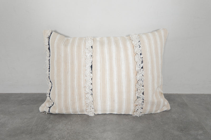 Beige Moroccan Striped Pillow with Fringe Accents - 16.1 x 22.8 Inches - kilim pillow