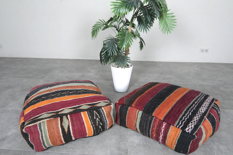 Pair of Moroccan Kilim Poufs - Handwoven Wool Floor Cushions