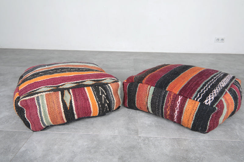 Pair of Moroccan Kilim Poufs - Handwoven Wool Floor Cushions