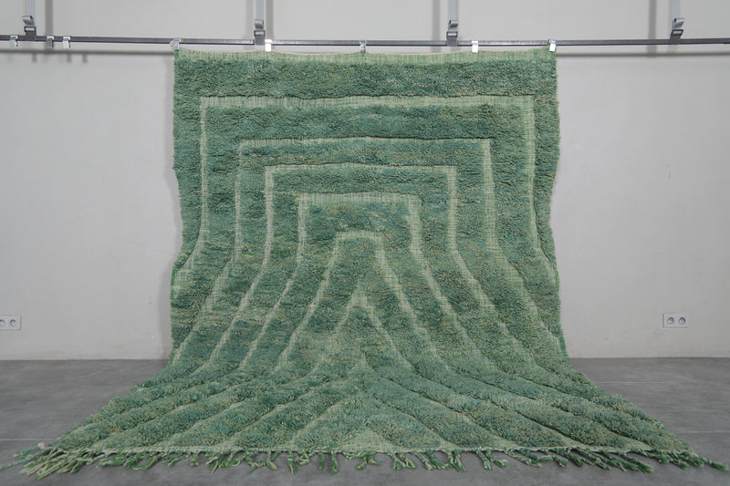 Unique Green Moroccan Rug - 7.3 x 8.8 ft | Geometric Pattern with Fringe