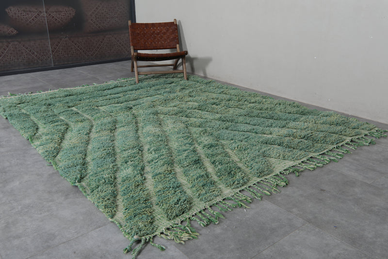 Unique Green Moroccan Rug - 7.3 x 8.8 ft | Geometric Pattern with Fringe