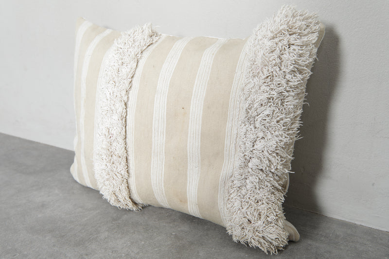 Elegant Moroccan Striped Pillow with Fringe Accents - 15.7 x 22.8 Inches - kilim pillow