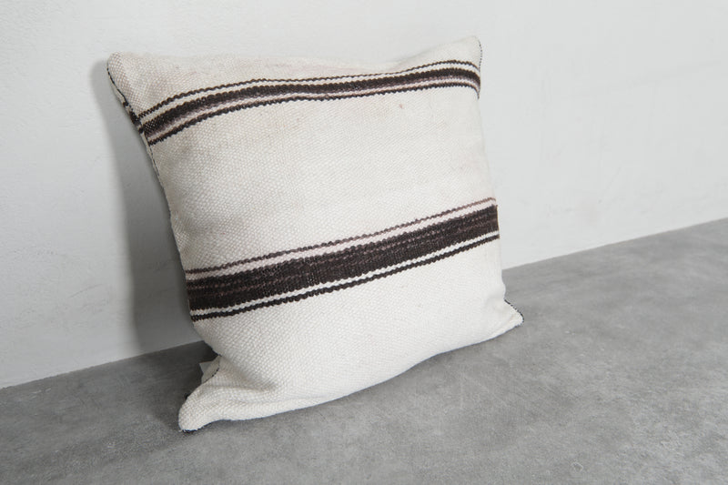 Minimalist Moroccan Pillow in Cream with Black Stripes - 16.5 x 17.3 Inches - kilim pillow