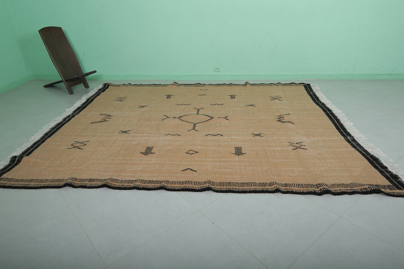 Moroccan Rug 7.9x9.5 FT - Beige with Black Geometric Patterns