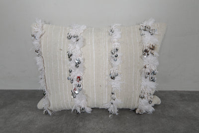 White Moroccan Wedding Pillow with Sequins - 16.5 x 20.8 Inches - kilim pillow