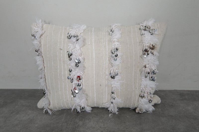 White Moroccan Wedding Pillow with Sequins - 16.5 x 20.8 Inches - kilim pillow