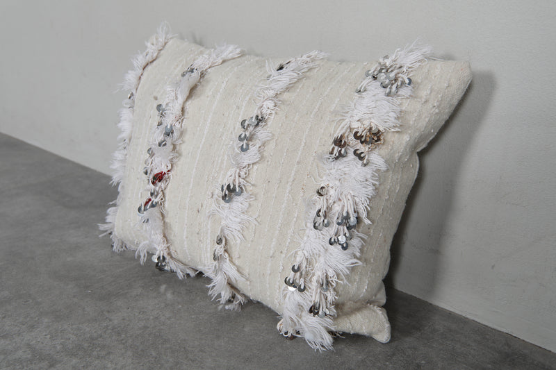 White Moroccan Wedding Pillow with Sequins - 16.5 x 20.8 Inches - kilim pillow