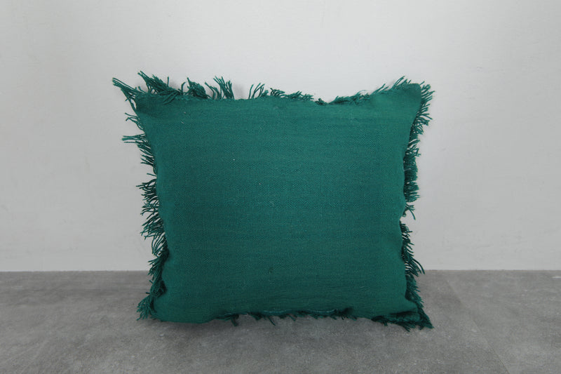 Green Fringed Moroccan Throw Pillow - 17.3 x 18.8 Inches - kilim pillow