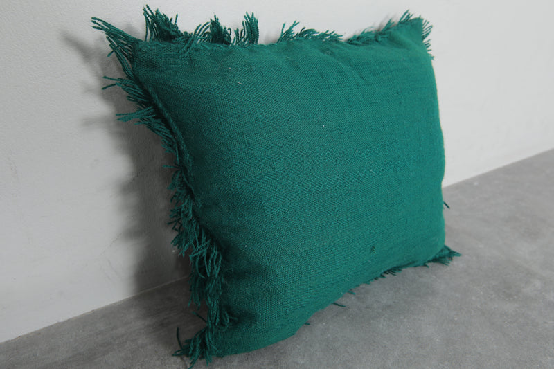 Green Fringed Moroccan Throw Pillow - 17.3 x 18.8 Inches - kilim pillow