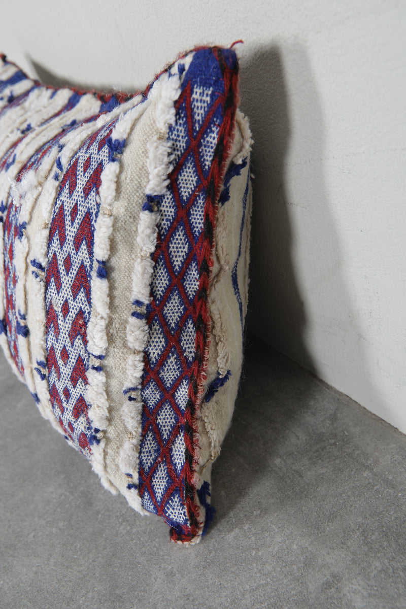 Handwoven Moroccan Pillow in Blue and Red Stripes - 12.9 x 19.6 Inches - kilim pillow