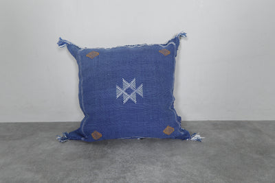 Blue Moroccan Sabra Pillow | 18x18.8 Inches Handwoven Cactus Silk - kilim pillow