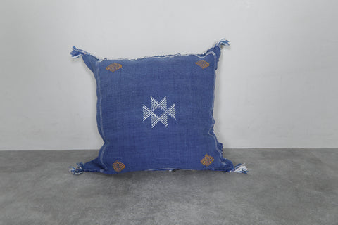 Blue Moroccan Sabra Pillow | 18x18.8 Inches Handwoven Cactus Silk