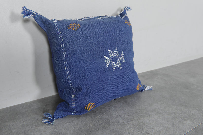 Blue Moroccan Sabra Pillow | 18x18.8 Inches Handwoven Cactus Silk - kilim pillow