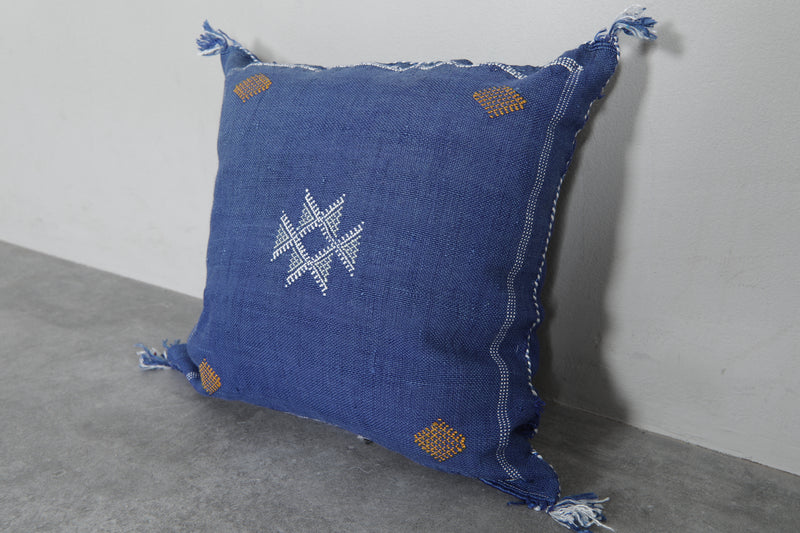 Blue Moroccan Sabra Pillow | 18x18.8 Inches Handwoven Cactus Silk - kilim pillow