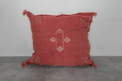 Rust Red Moroccan Sabra Pillow | 16.1x17.7 Inches Handwoven Cactus Silk - kilim pillow