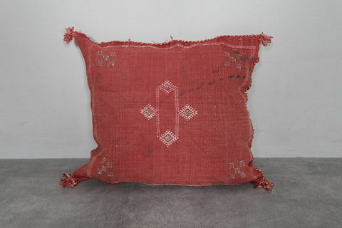 Rust Red Moroccan Sabra Pillow | 16.1x17.7 Inches Handwoven Cactus Silk