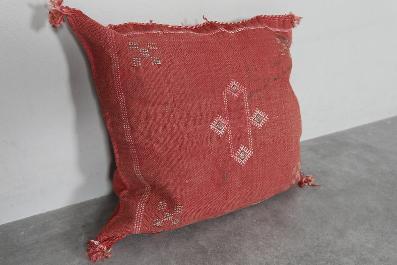 Rust Red Moroccan Sabra Pillow | 16.1x17.7 Inches Handwoven Cactus Silk - kilim pillow