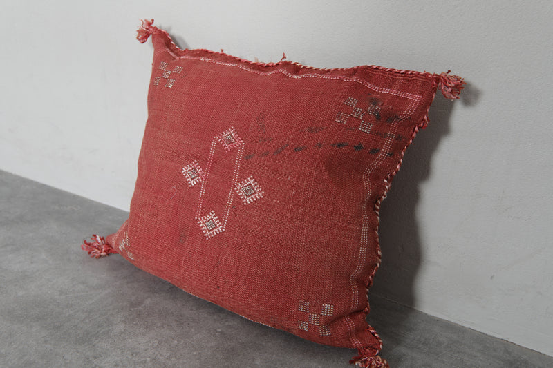 Rust Red Moroccan Sabra Pillow | 16.1x17.7 Inches Handwoven Cactus Silk - kilim pillow