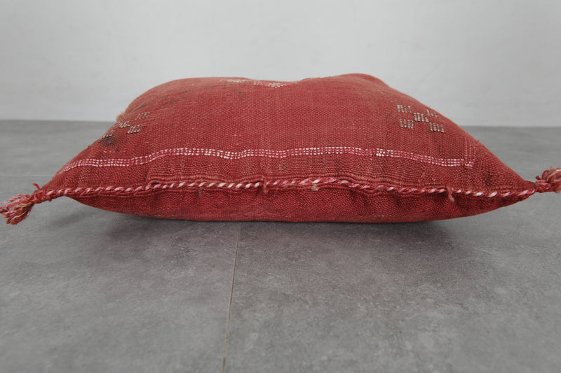 Rust Red Moroccan Sabra Pillow | 16.1x17.7 Inches Handwoven Cactus Silk - kilim pillow