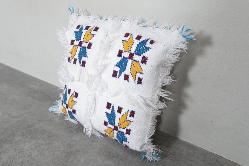 Handwoven Moroccan Pillow | 12.9x14.1 Inches White with Embroidered Patterns - kilim pillow