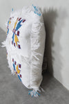 Handwoven Moroccan Pillow | 12.9x14.1 Inches White with Embroidered Patterns