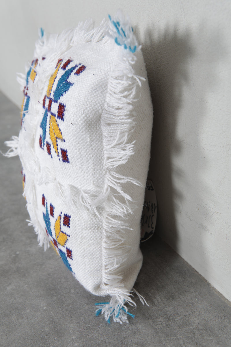 Handwoven Moroccan Pillow | 12.9x14.1 Inches White with Embroidered Patterns - kilim pillow