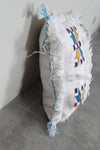 Handwoven Moroccan Pillow | 12.9x14.1 Inches White with Embroidered Patterns