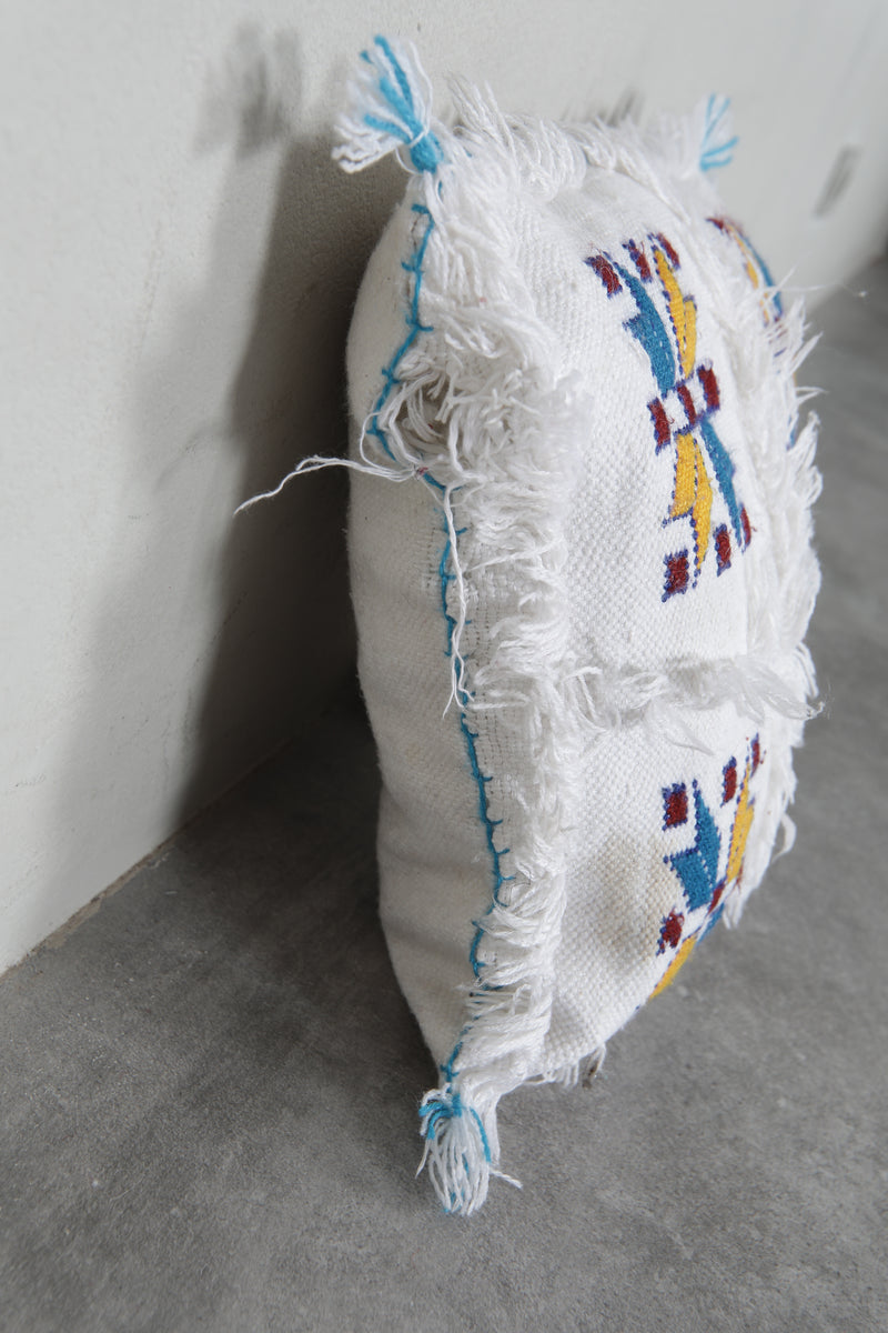 Handwoven Moroccan Pillow | 12.9x14.1 Inches White with Embroidered Patterns - kilim pillow