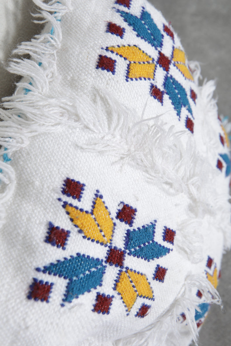 Handwoven Moroccan Pillow | 12.9x14.1 Inches White with Embroidered Patterns - kilim pillow