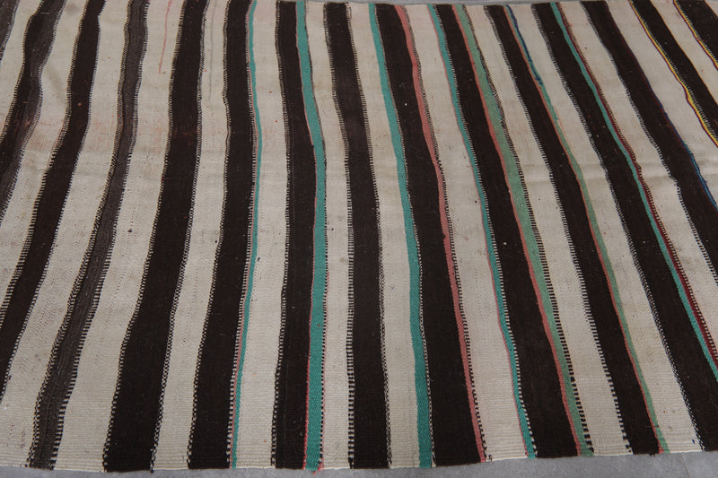 Long Striped Moroccan Kilim Rug - Black and White Design - 4.5x11 ft