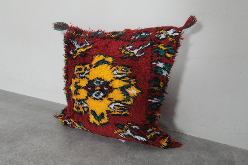 Vintage Moroccan Kilim Pillow | 16.5x16.5 Inches Red with Yellow Floral Design - kilim pillow