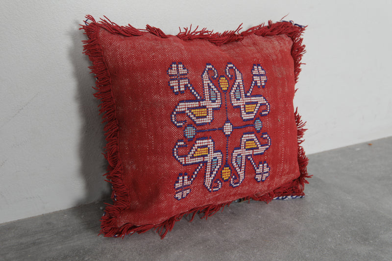 Handcrafted Moroccan Red Pillow | 14.1x16.1 Inches Embroidered Bird Design - kilim pillow