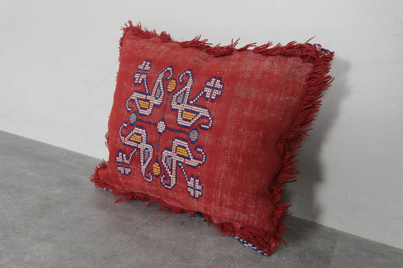 Handcrafted Moroccan Red Pillow | 14.1x16.1 Inches Embroidered Bird Design - kilim pillow