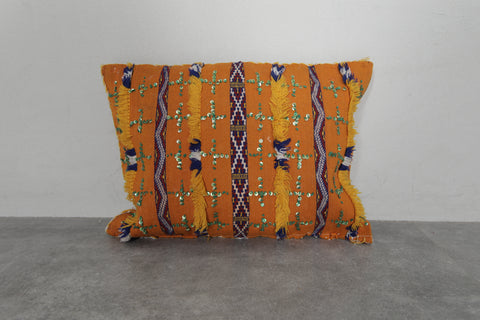 Handmade Moroccan Berber Pillow | 14.9x19.2 Inches Orange Sequin Decor