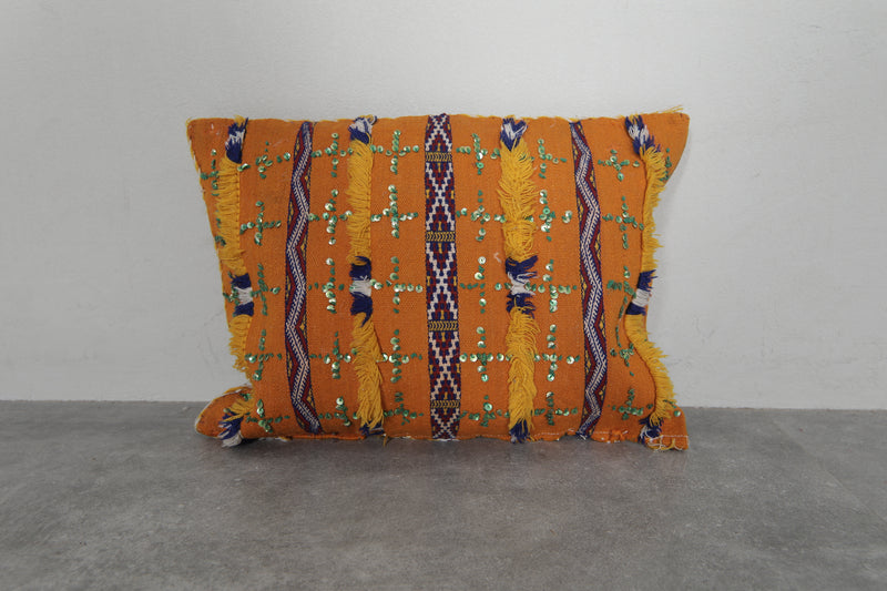 Handmade Moroccan Berber Pillow | 14.9x19.2 Inches Orange Sequin Decor - kilim pillow