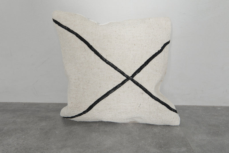 Modern Moroccan Pillow | 17.7x18.1 Inches White with Black Cross Lines - kilim pillow