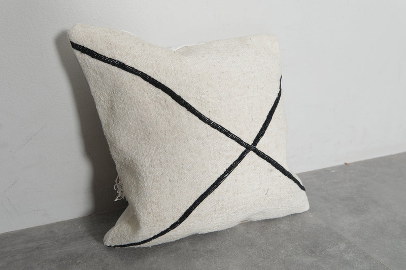 Modern Moroccan Pillow | 17.7x18.1 Inches White with Black Cross Lines - kilim pillow