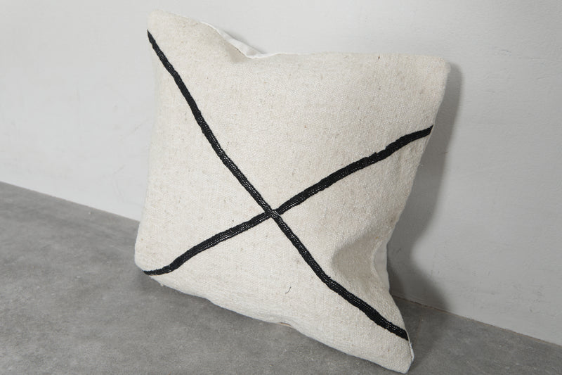 Modern Moroccan Pillow | 17.7x18.1 Inches White with Black Cross Lines - kilim pillow