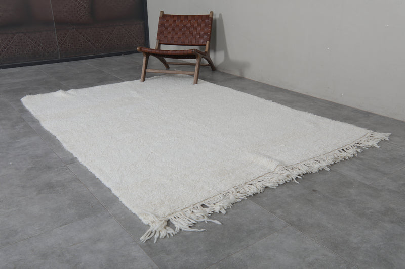 Minimalist Moroccan Rug - 5.8 x 8 ft | Soft White Shag with Fringe