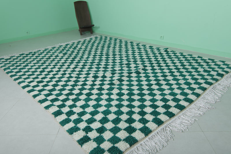 Moroccan Berber Rug - 8.2 x 10.3 Feet | Green & White Checkered Carpet