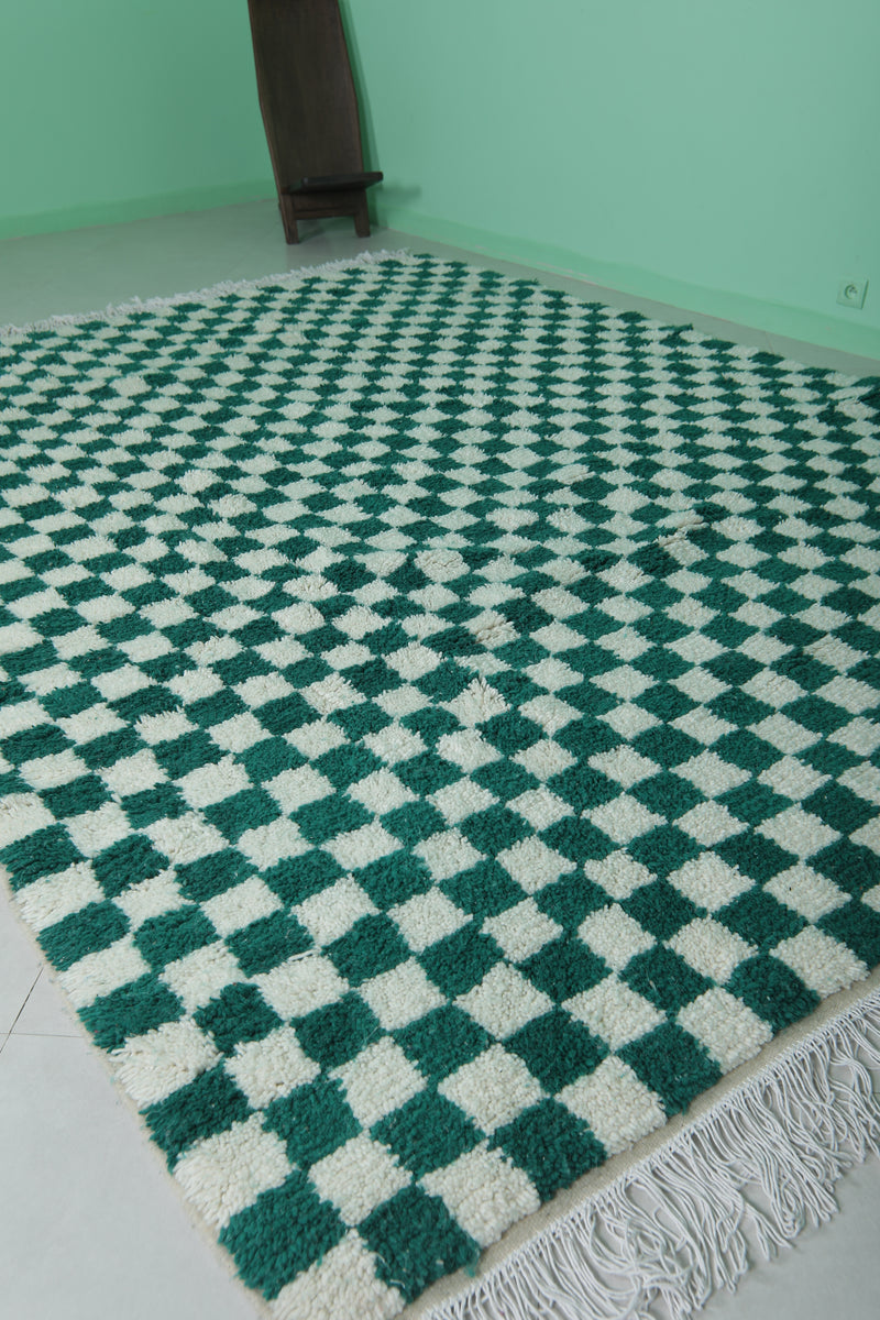 Moroccan Berber Rug - 8.2 x 10.3 Feet | Green & White Checkered Carpet