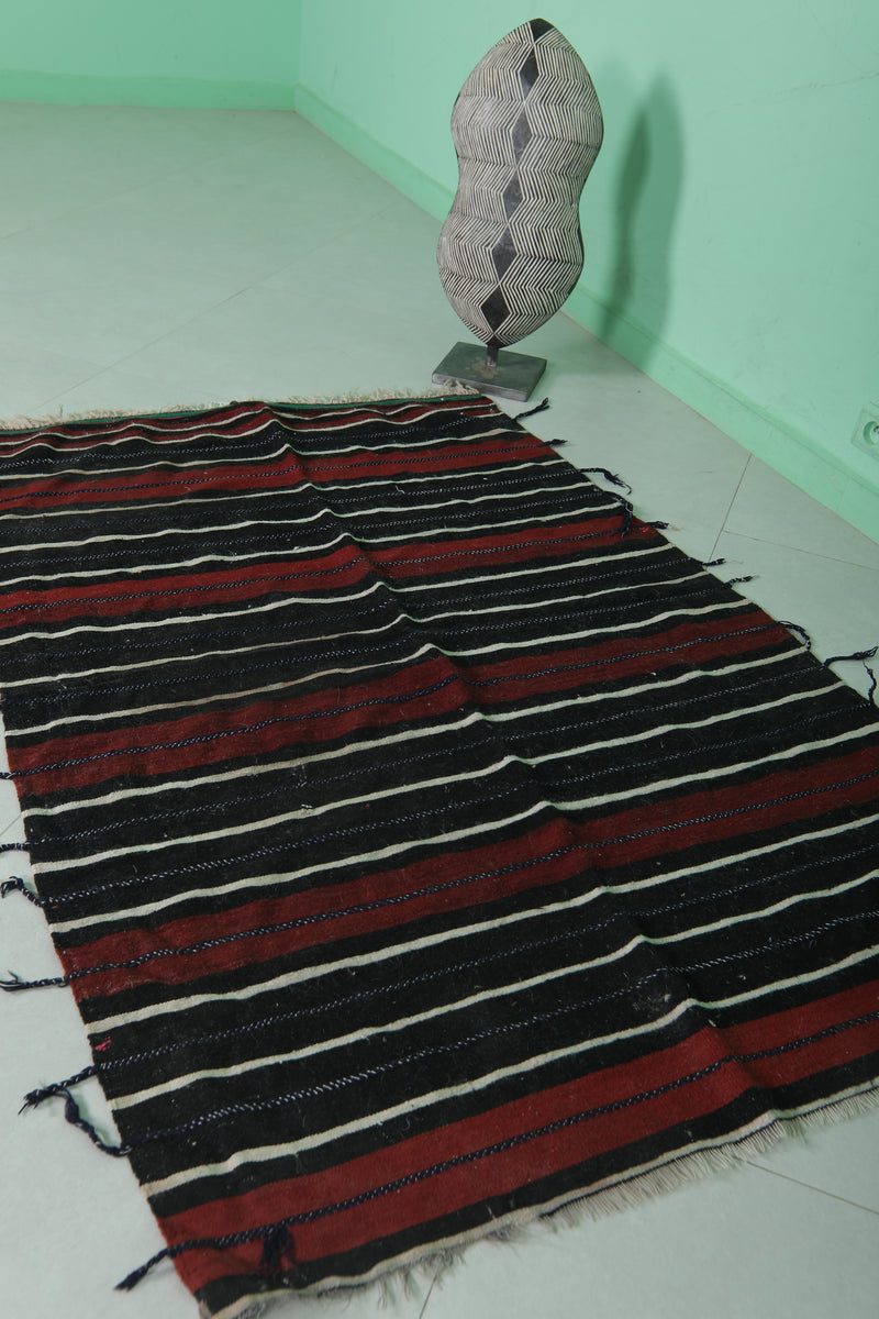 Handwoven Kilim 3.6 FT X 5.2 FT - Red and Black Stripes