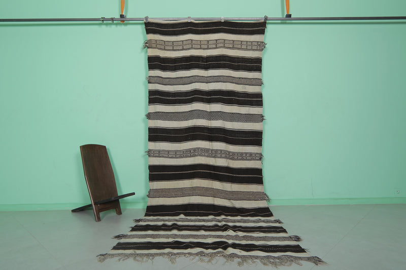 Striped Runner Kilim Rug - Black and Beige 4.7 FT X 11.2 FT | Handwoven Elegance