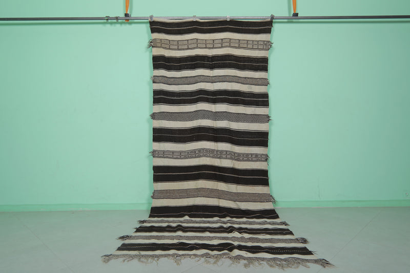 Striped Runner Kilim Rug - Black and Beige 4.7 FT X 11.2 FT | Handwoven Elegance