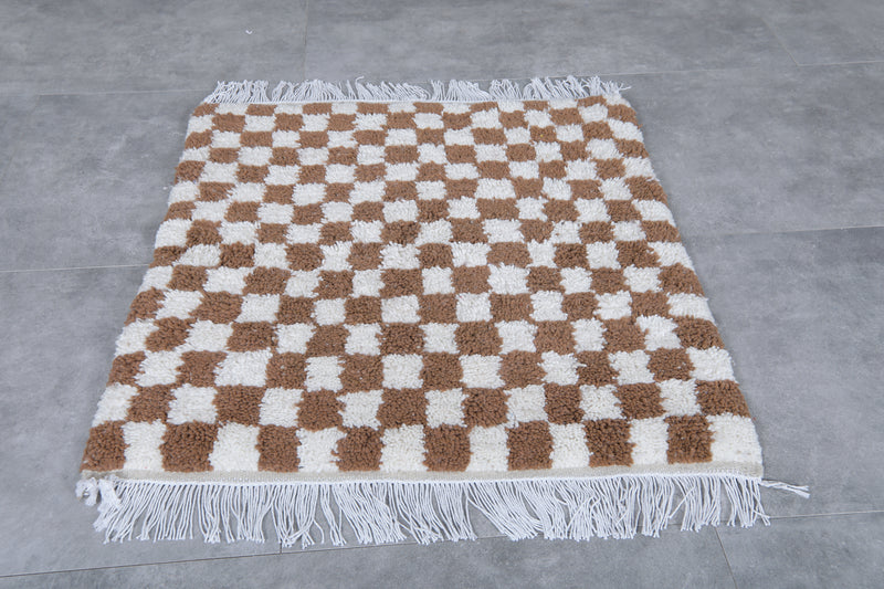 Checkered Moroccan Rug - Handwoven 3.2 x 3.3 Feet | Brown & White Wool Accent