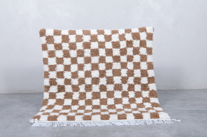 Checkered Moroccan Rug - Handwoven 3.2 x 3.3 Feet | Brown & White Wool Accent