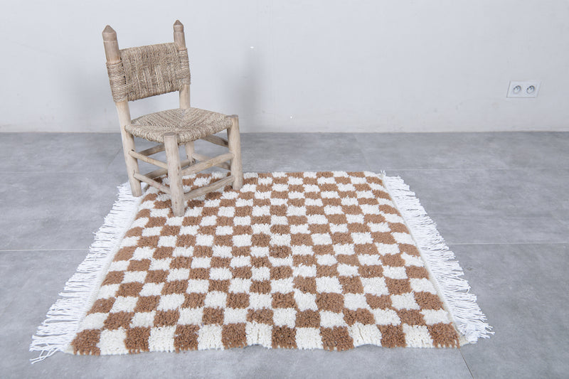 Checkered Moroccan Rug - Handwoven 3.2 x 3.3 Feet | Brown & White Wool Accent