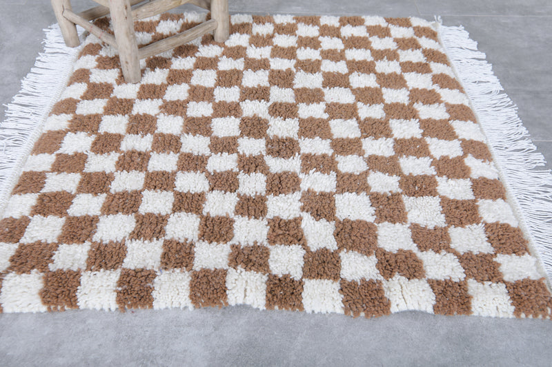 Checkered Moroccan Rug - Handwoven 3.2 x 3.3 Feet | Brown & White Wool Accent