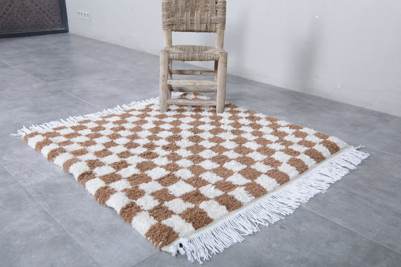 Checkered Moroccan Rug - Handwoven 3.2 x 3.3 Feet | Brown & White Wool Accent