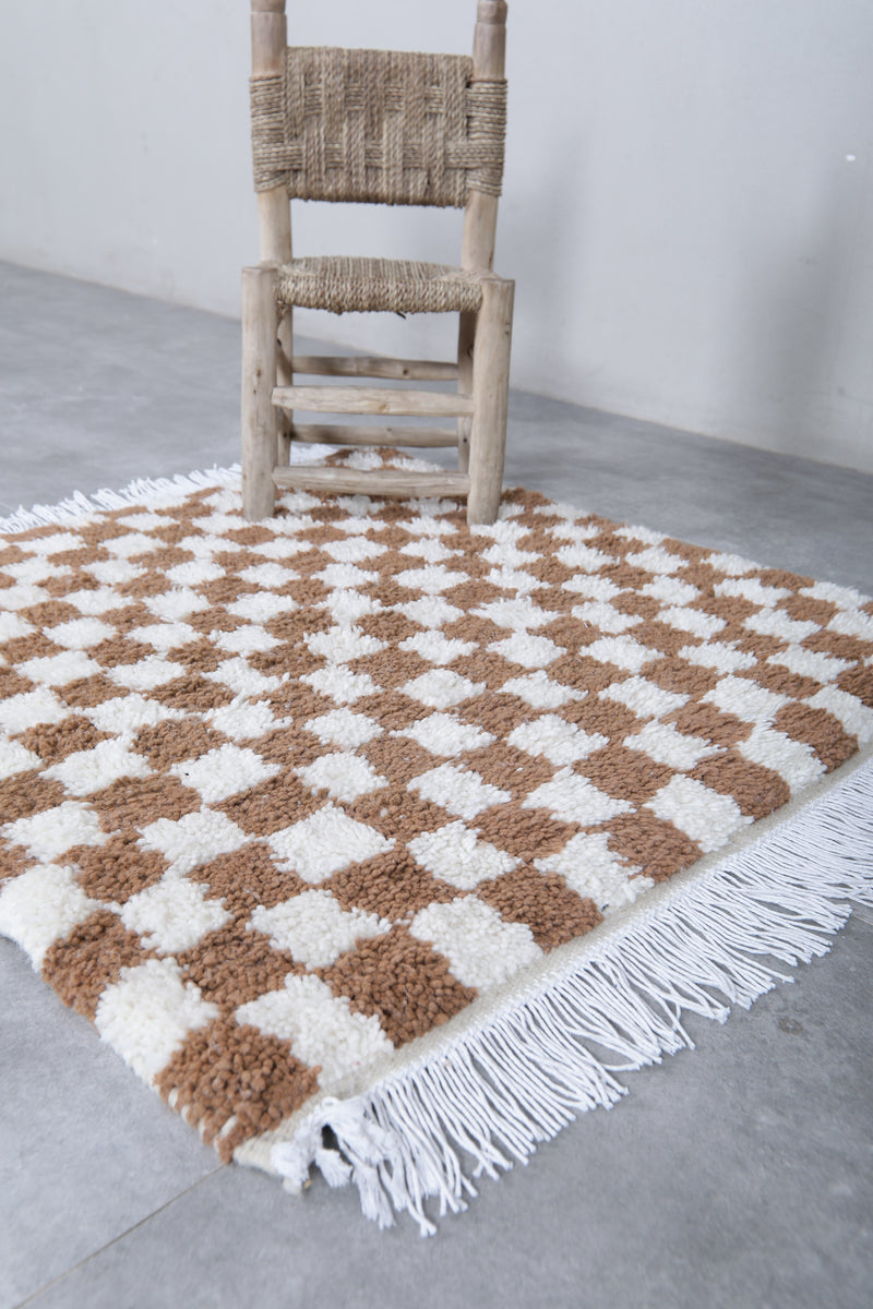 Checkered Moroccan Rug - Handwoven 3.2 x 3.3 Feet | Brown & White Wool Accent